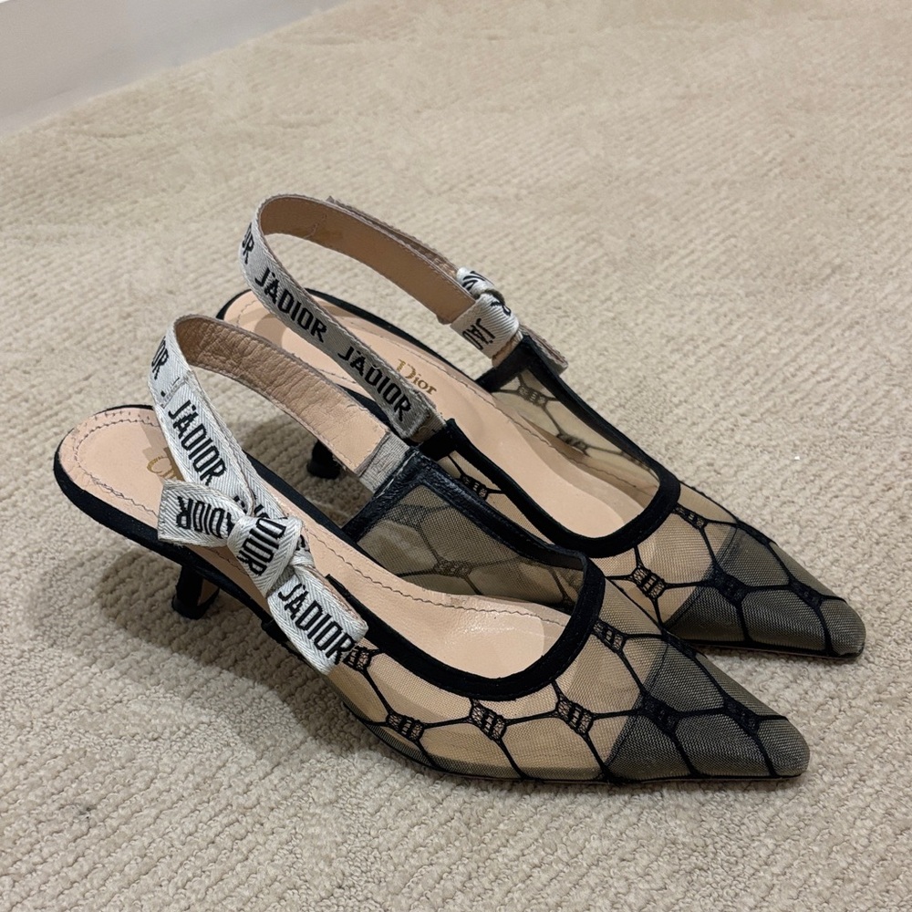 Dior Black and Tan Mesh Slingback Heels